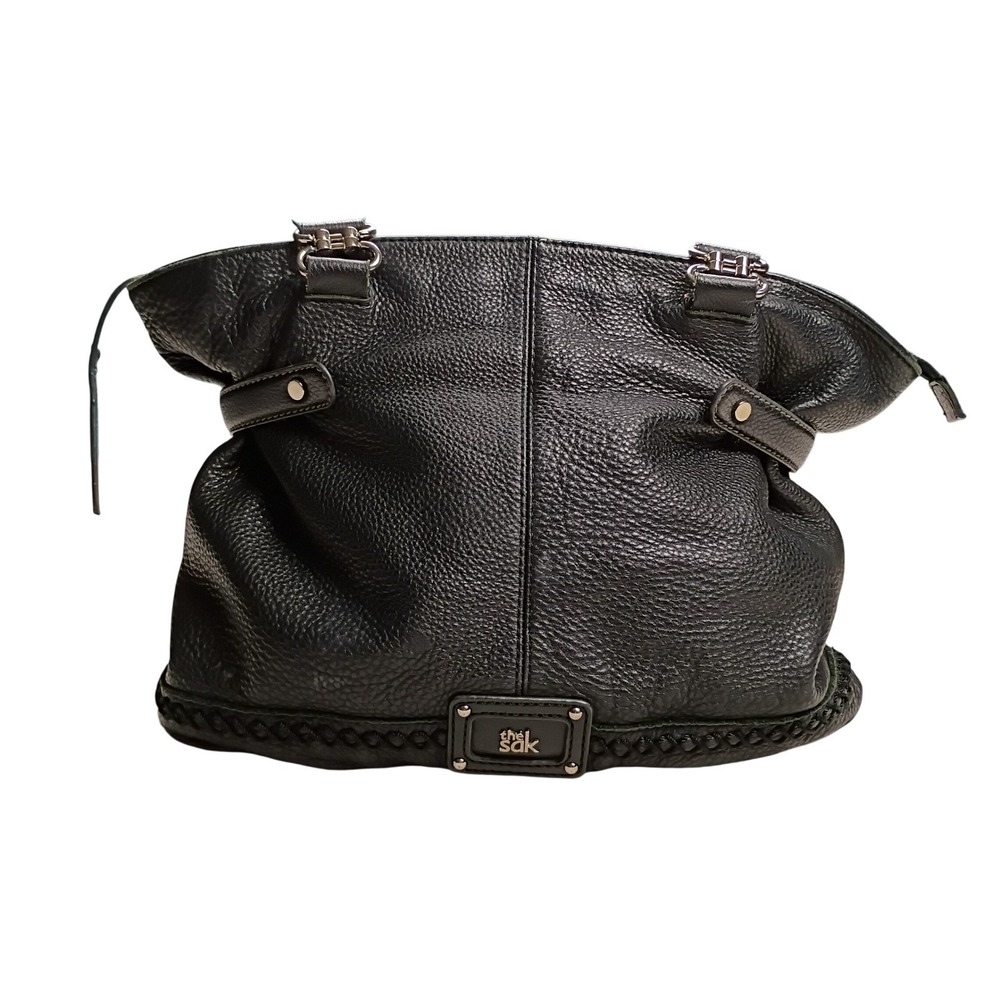 The Sak Satchel Bag Womens‎ Large Black Pebbled Leather Good Boho Braided Trim